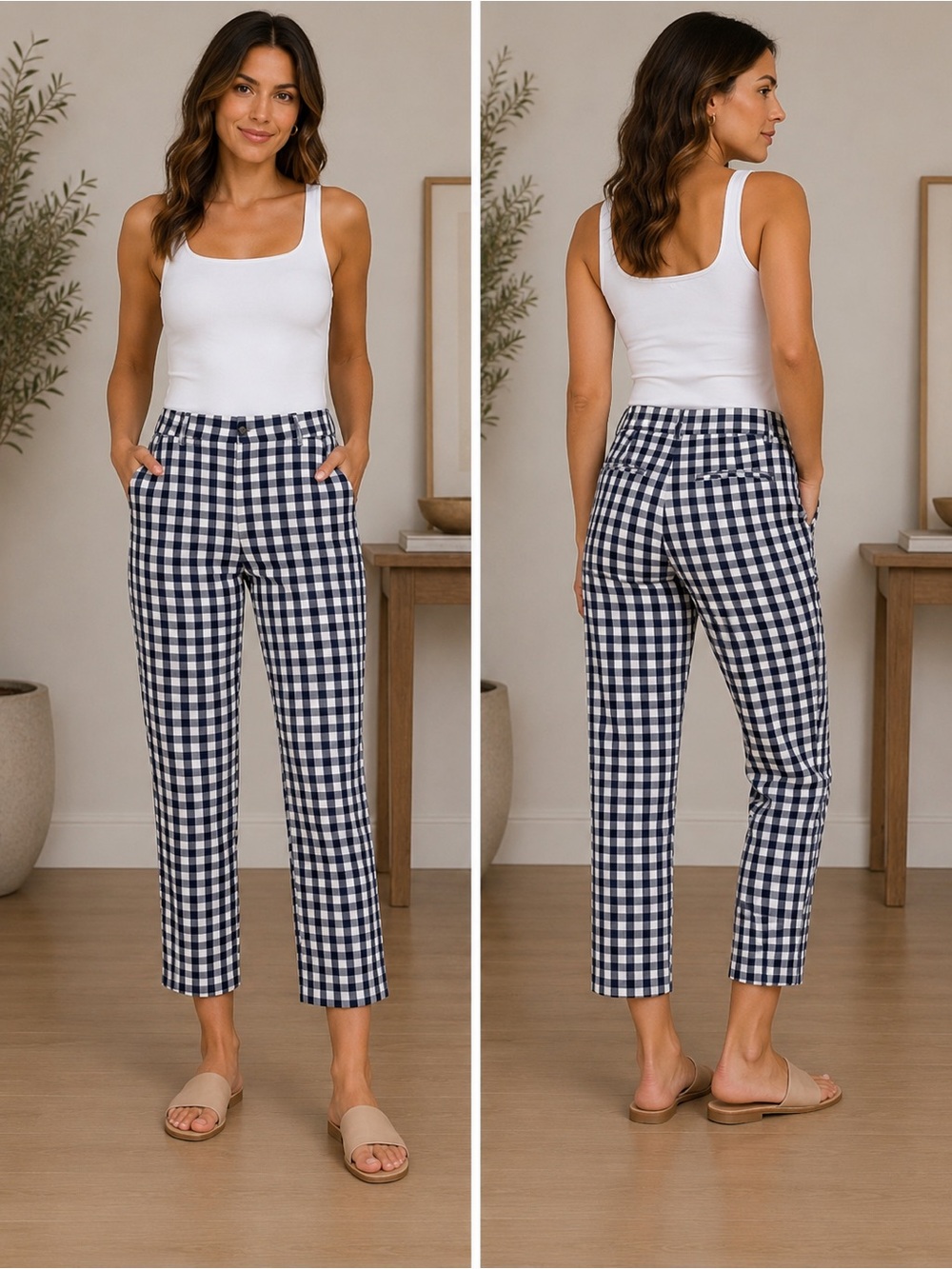 Banana Republic Navy and White Gingham Cropped Pants